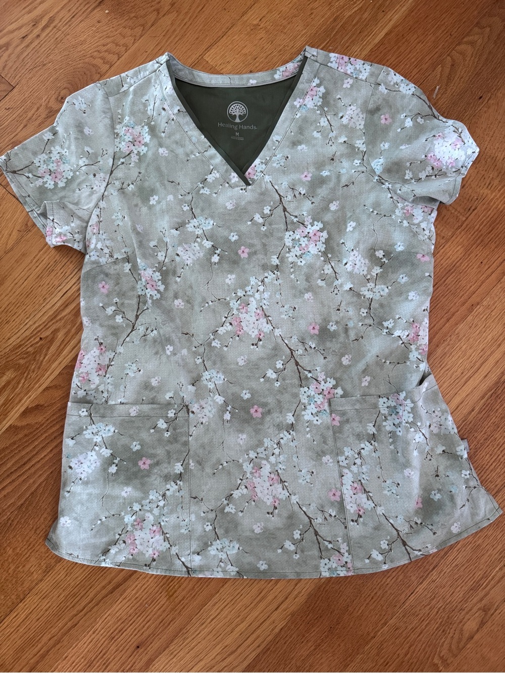 healing hands Sage Green Floral V-Neck Medical Scrub Top